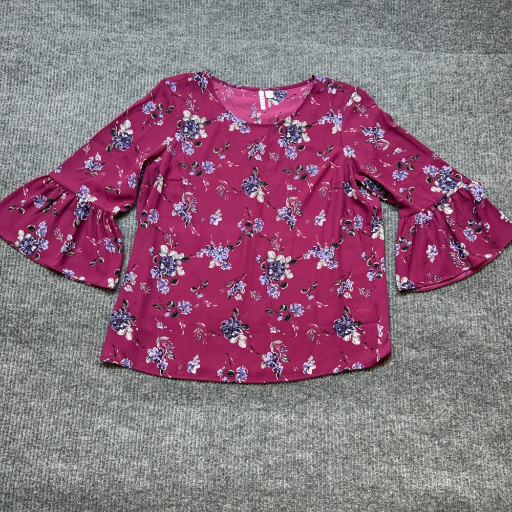 Elle Floral Bell Sleeve Blouse Medium Burgundy Boho Romantic Lightweight Chic‎